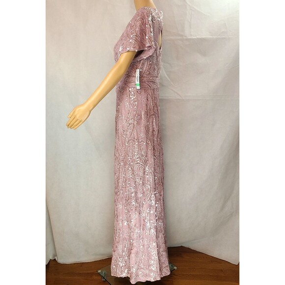 New R&M Richards Women's (8) Rose Embroidered & Sequin Flutter Sleeve Maxi Dress - Picture 5 of 16